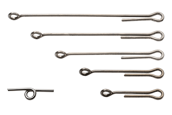 MFC Big Game Shank fishing tackle components shown in various sizes, made of shiny metal wire with looped ends, designed for secure rigging.