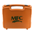 Orange hard plastic carrying case with handle and black latches, featuring green MFC logo and fish silhouette, designed for organizing fishing tackle and gear labeled MFC Boat Box.