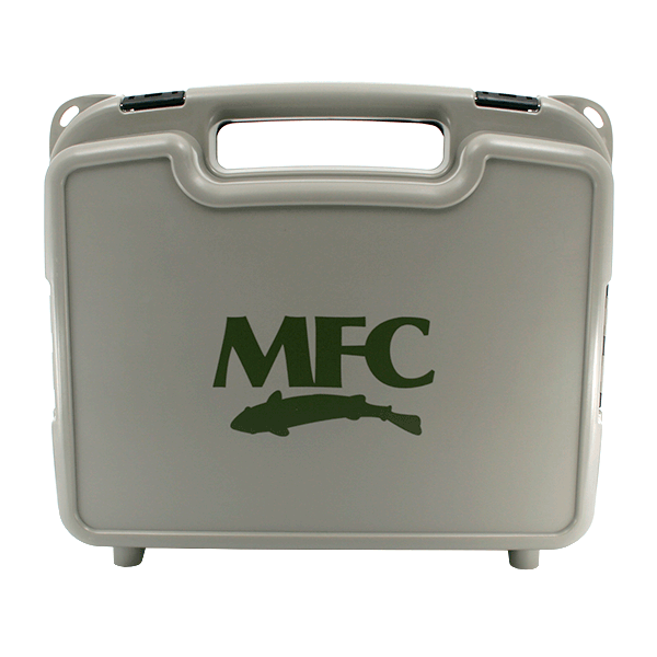 MFC Boat Box in light gray with green MFC logo and fish silhouette, featuring a molded handle and secure black latches, designed for organizing fishing tackle.