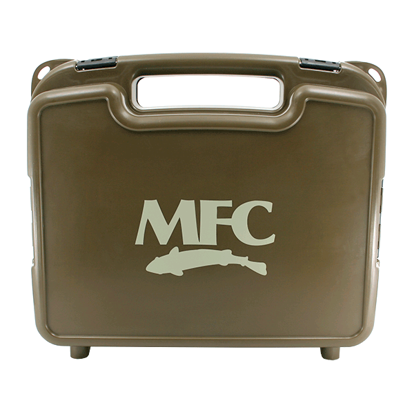 Brown hard plastic carrying case with integrated handle and two metal latches, featuring white "MFC" logo and fish silhouette on front, designed for fishing tackle storage, MFC Boat Box.