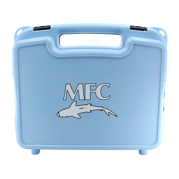 Light blue MFC Boat Box with a sturdy handle and secure black latches, designed for organized storage of fishing tackle and gear.