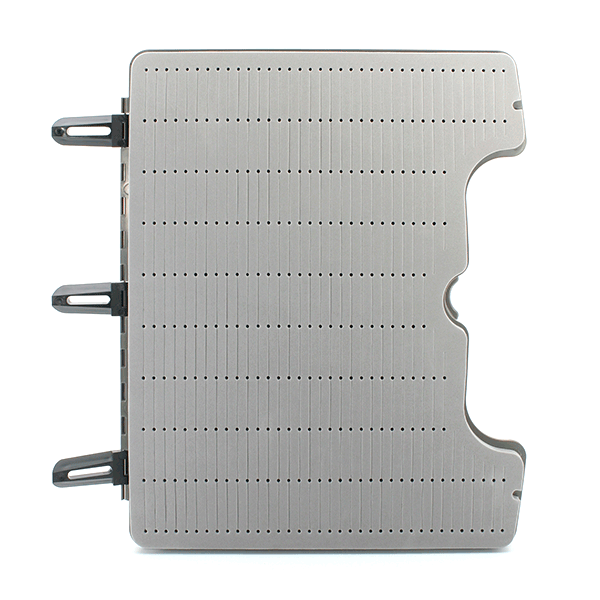 MFC Boat Box featuring a gray perforated panel with three black mounting clips, designed for organized fishing tackle storage on boats.