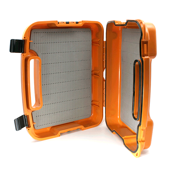 MFC Boat Box in orange with a durable hard plastic exterior, featuring a hinged design and foam-lined interior for securely organizing fishing tackle and lures.