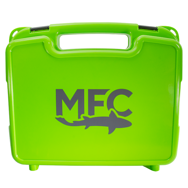 Bright green portable MFC Boat Box storage case with a sturdy handle and black latches, featuring the MFC logo with a fish silhouette on the front for fishing tackle organization.
