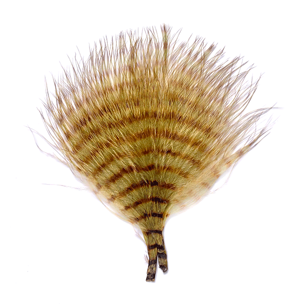 MFC Buggerbou Mini Barred fishing lure featuring soft, barred brown and tan feathers designed for musky fishing tackle and fly fishing applications.