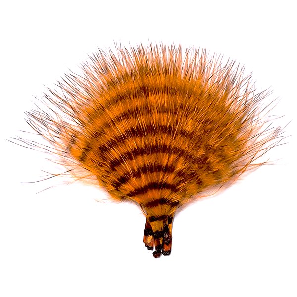 MFC Buggerbou Mini Barred fishing lure featuring finely barred brown and orange feathers arranged in a dense, fan-like pattern, ideal for attracting musky fish.