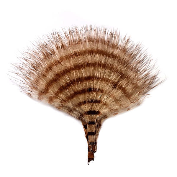 MFC Buggerbou Mini Barred fishing lure featuring a fan-shaped design with natural brown and tan barred feathers for use in fishing tackle and fly fishing gear.
