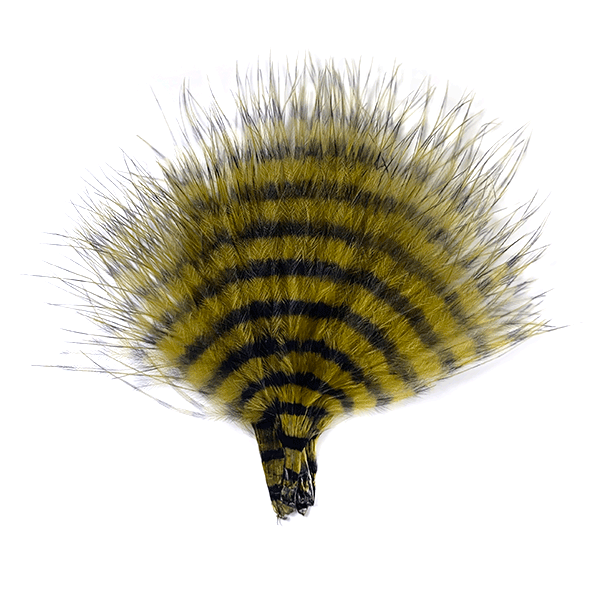 Close-up of a striped, barred feather used for fly fishing, labeled MFC Buggerbou Mini Barred, designed for tying fishing lures and fishing tackle.