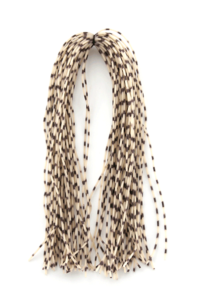 MFC Centipede Legs Medium in beige with black stripes, flexible fishing lure material designed for musky tackle and fishing lures.