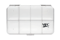 Clear transparent plastic fishing tackle box with eight compartments and the MFC logo, designed for organizing fishing lures and gear, called MFC Clearwater Fly Box.