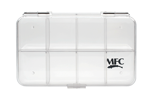 Clear transparent plastic fishing tackle box with eight compartments and the MFC logo, designed for organizing fishing lures and gear, called MFC Clearwater Fly Box.