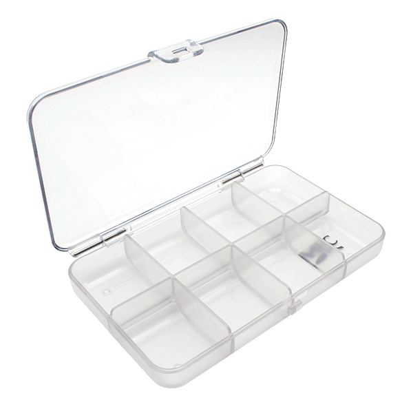 MFC Clearwater Fly Box shown open, featuring a clear plastic case with six compartments for organizing fishing tackle and lures, designed for easy access and visibility.
