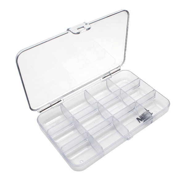 MFC Clearwater Fly Box with clear plastic construction, hinged lid, and multiple compartments for organized storage of fishing tackle and lures.
