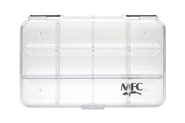 Clear plastic MFC Clearwater Fly Box with multiple compartments for organizing fishing lures and tackle, featuring a secure latch and durable design for outdoor use.