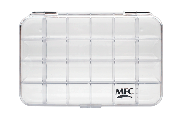 Clear plastic organizer with multiple small compartments and a secure latch, labeled MFC Clearwater Fly Box, designed for fishing tackle storage.