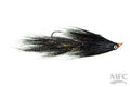 Black and orange MFC Jig Gangalf fishing lure featuring a sleek, elongated design with synthetic fibers and a sharp hook, designed for musky fishing tackle.