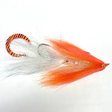 MFC Jig Gangalf fishing lure featuring bright orange and white feathers with a striped curled tail designed for attracting musky and other game fish.