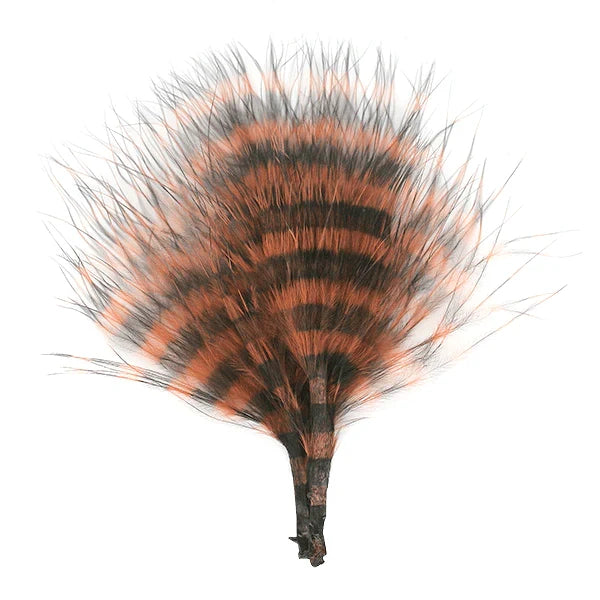 MFC Mini Barred Marabou feather in orange and black with soft, fluffy texture designed for fishing tackle and lure customization.