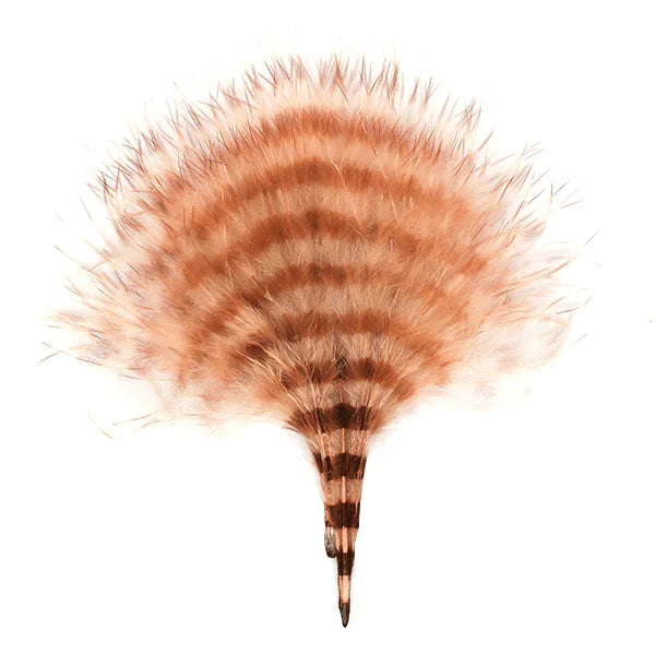 MFC Mini Barred Marabou featuring soft, fluffy orange and brown barred feathers designed for effective fishing lures used in musky tackle and fishing tackle applications.