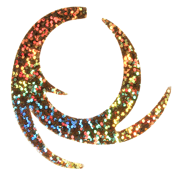 Circular segmented fishing lure with holographic glitter pattern in red, gold, blue, and green, designed as MFC Pacchiarini's Dragon Tail for musky fishing tackle.