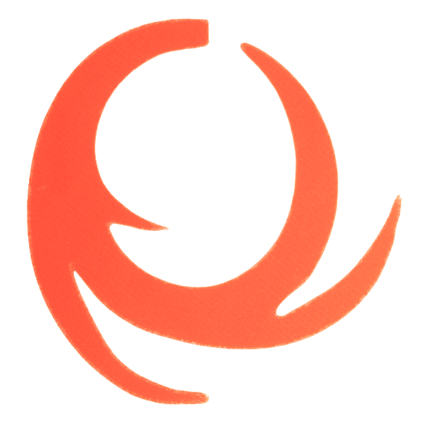 Abstract bright orange graphic resembling a curved tail or fin, representing the logo design for MFC Pacchiarini's Dragon Tail fishing tackle brand.