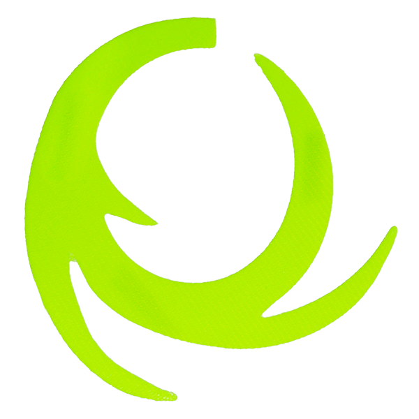 Bright lime green curved abstract shape resembling a stylized fishing lure or tail, representing MFC Pacchiarini's Dragon Tail fishing tackle.