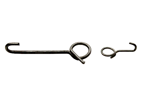 Two metal fishing snaps designed for securing lures or tackle, shown in different sizes, identified as MFC Pacchiarini's Interchangable Snaps.