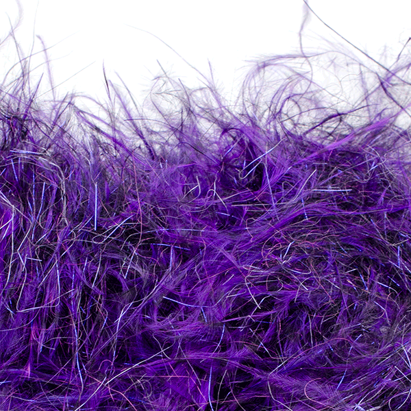 Close-up view of purple synthetic dubbing fibers with a mix of fine and fuzzy texture, designed for use in fly fishing, labeled as MFC Senyo's Dirty Bird Dubbing.