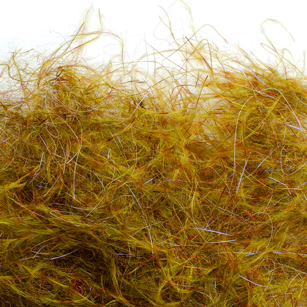 Close-up view of olive and brown fibers in MFC Senyo's Dirty Bird Dubbing used for fly fishing lure tying in fishing tackle and rod customization.