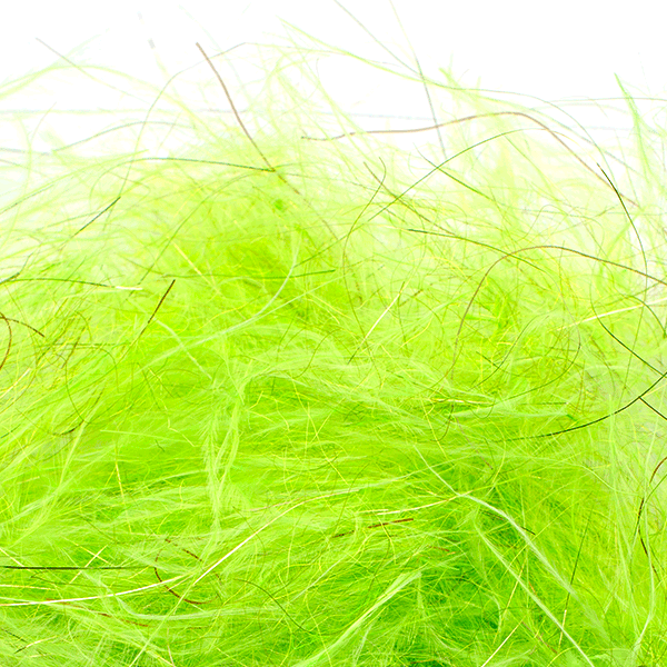 Close-up view of bright lime green synthetic fibers with fine strands and subtle brown highlights used for fly tying in MFC Senyo's Dirty Bird Dubbing fishing tackle.