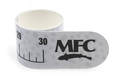 Rolled white measuring tape featuring black markings and numbers, with Mfc Sticker 30' Ruler branding and fish silhouette on the end, designed for fishing tackle use.