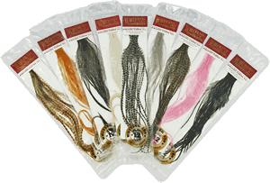 MFC Whiting 100 Pack Dry Fly Saddle Hackle featuring a variety of natural and dyed feathers arranged in individual clear plastic sleeves, designed for fly fishing tackle and lure making.
