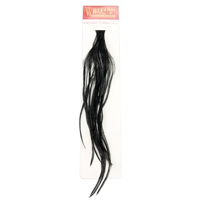 MFC Whiting 100 Pack Dry Fly Saddle Hackle in black, long thin feathers packaged for use in fly fishing lure and tackle making.