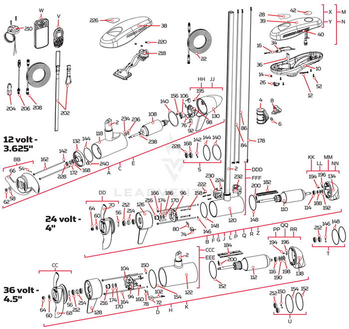 Detailed exploded diagram showing all components of Minn Kota ARMATURE ASY 4.5" LU w/BEARING | 112LB THRUST | 4.5 P/N: 92-100-245, illustrating assembly parts for fishing tackle maintenance and repair.