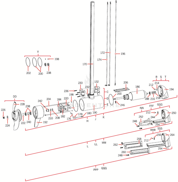 Detailed exploded diagram illustration of the Minn Kota ARMATURE ASY 4.5" LU w/BEARING | 112LB THRUST | 4.5 P/N: 92-100-245 showing all individual parts, including shafts, bearings, screws, and housing components laid out systematically for assembly reference.