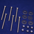 Minn Kota BAG ASSY-MAXXUM (N147) P/N: 2994830 showing eight metal bolts, six metal washers, and six hex nuts arranged on a blue surface, used in fishing tackle assembly.