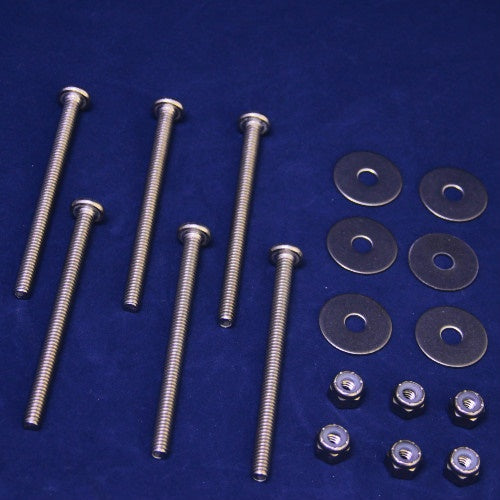 Minn Kota BAG ASSY-MAXXUM (N147) P/N: 2994830 showing eight metal bolts, six metal washers, and six hex nuts arranged on a blue surface, used in fishing tackle assembly.