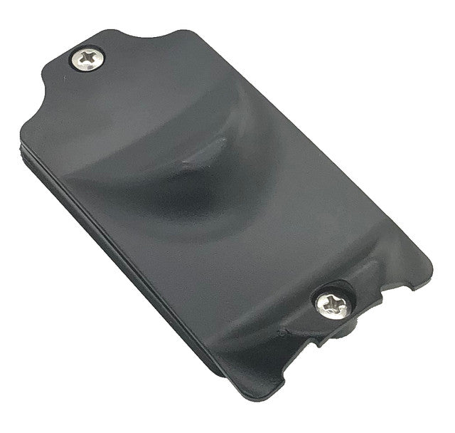 Black plastic battery door with seal and two screws designed for secure closure, shown as Minn Kota BATTERY DOOR, SEAL, SCREW KIT P/N: 2886423.