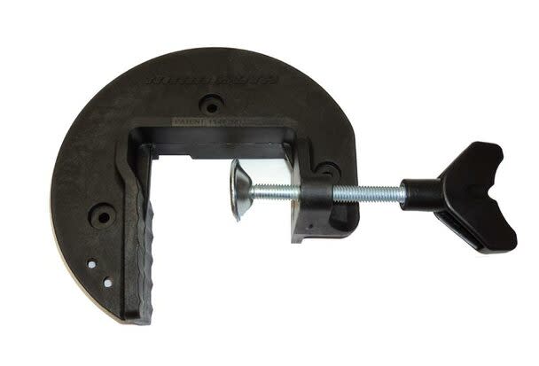 Minn Kota BRACKET, RIGHT w/CLAMP SCREW P/N: 2771950, black durable mounting bracket with a threaded metal clamp screw and ergonomic handle, used for securing fishing equipment.