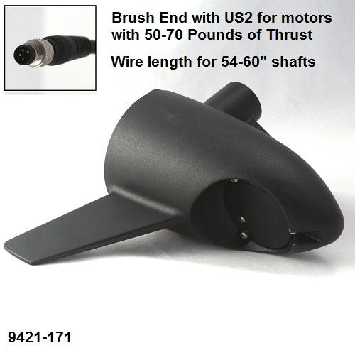 Minn Kota BRS END HSG/TRNSDCR ASY 3.6(~) P/N: 9421-171, black plastic brush end housing with transducer holder designed for motors with 50-70 pounds of thrust, includes connector with wire for 54-60 inch shafts.