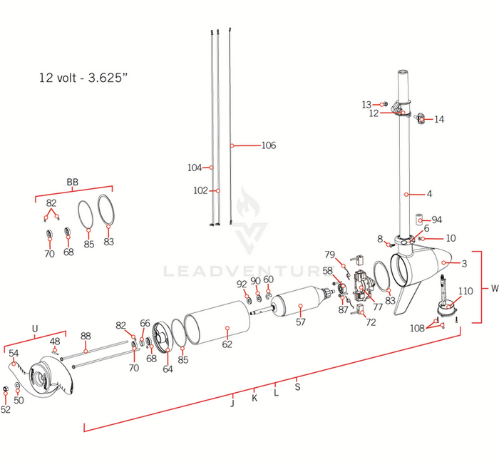 Detailed exploded view diagram illustrating components and assembly of Minn Kota BRUSH ASSEMBLY 3.625 | 3.625 | 55LB THRUST P/N: 188-036 including shafts, brushes, seals, and electrical connectors.