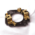 Minn Kota BRUSH PLATE ASM 4" STD BUNG P/N: 9-738-004, a black mounting plate with four attached gold-colored metal brush holders, used in fishing tackle marine electronics systems.