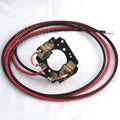 Minn Kota BRUSH PLATE ASM 4.0 CB P/N: 92-600-199 featuring a circular black metal brush plate with copper wire brushes and attached red and black insulated electrical cables for marine electronics.