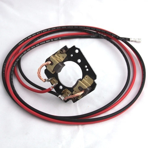 Minn Kota BRUSH PLATE ASM 4.0 CB P/N: 92-600-199 featuring a circular black metal brush plate with copper wire brushes and attached red and black insulated electrical cables for marine electronics.