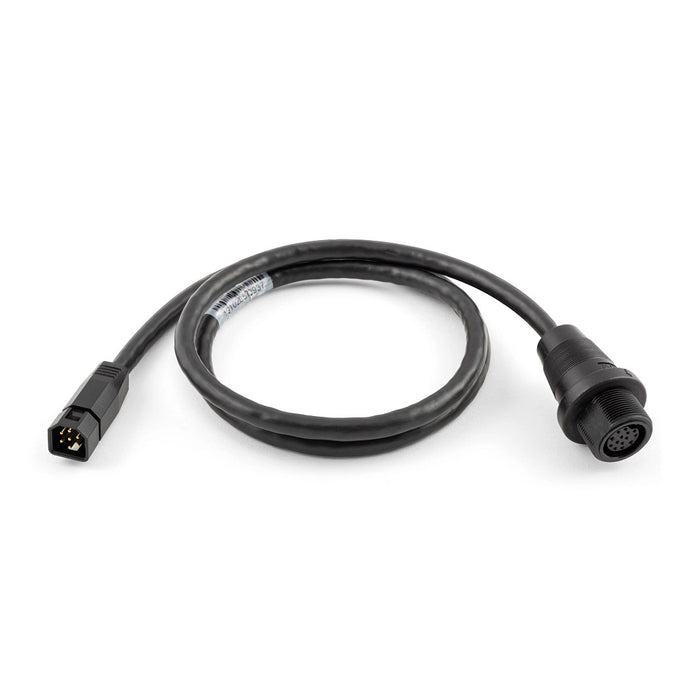 Minn Kota Built-In Mega Down Imaging Adapter Cables featuring a black, flexible cable with a rectangular multi-pin connector on one end and a round multi-pin connector on the other, designed for marine electronics and fishing tackle integration.