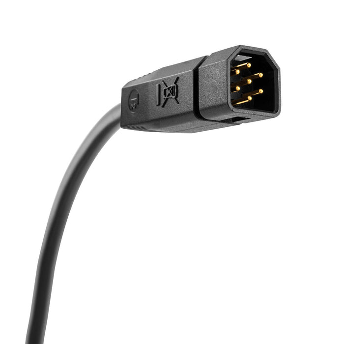 Close-up of a black Minn Kota Built-In Mega Down Imaging Adapter Cables connector with seven gold pins on a curved cable, designed for marine electronics in fishing tackle setups.