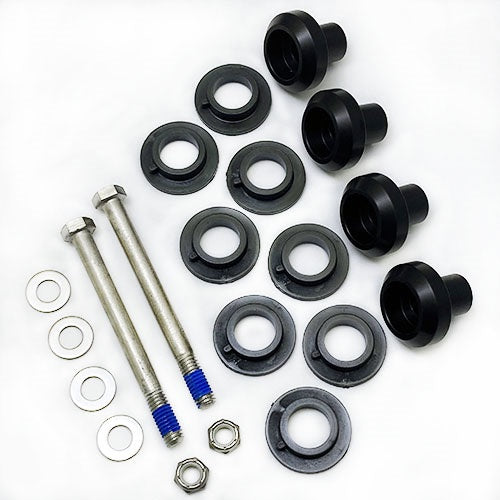 Minn Kota BUSHING KIT, MAIN, RAPTOR P/N: 2777301 consisting of black plastic bushings, metal bolts with blue thread locker, washers, and nuts arranged on a white background.