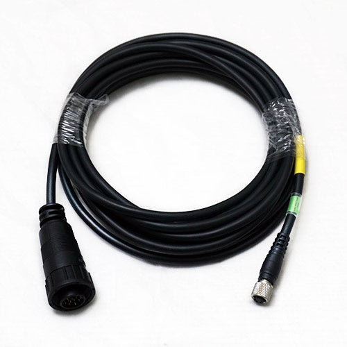Minn Kota Cable, Adaptor, 14 pin, 110" - DCS PN:490575-3, a coiled black cable with a 14-pin connector on one end and a smaller metal connector on the other, designed for marine electronics.