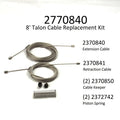 Minn Kota CABLE REPLACEMENT KIT 8' P/N: 2770840 showing two coiled metal cables, two black cable keepers, and two piston springs on a white background, labeled with part numbers.