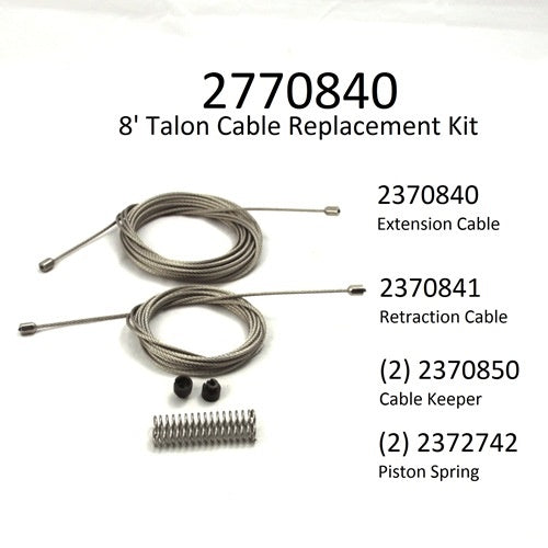 Minn Kota CABLE REPLACEMENT KIT 8' P/N: 2770840 showing two coiled metal cables, two black cable keepers, and two piston springs on a white background, labeled with part numbers.